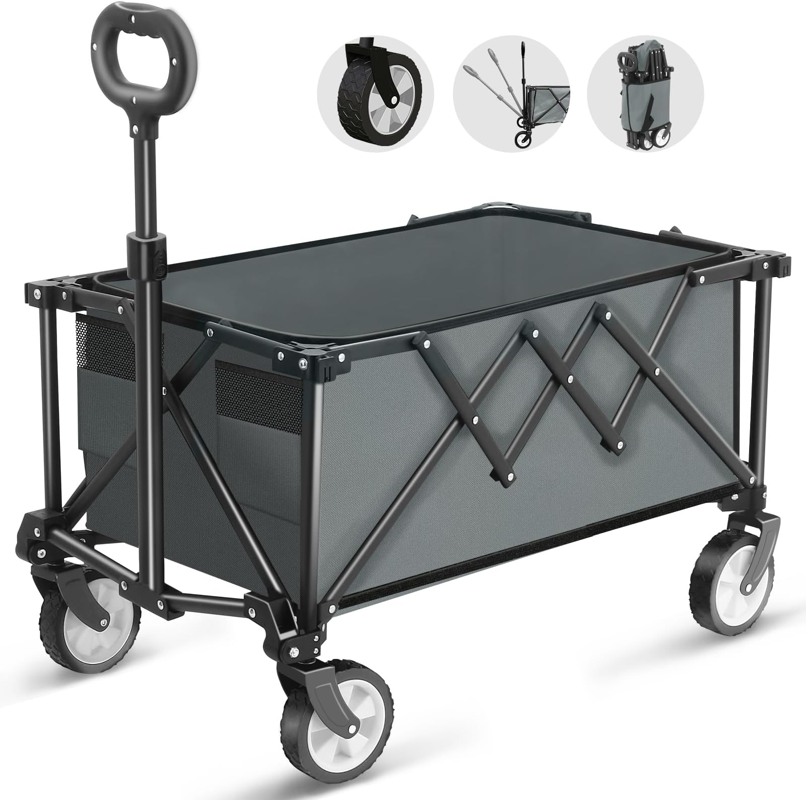 Folding Trolley With Wheels,Folding Wagon 100L Capacity All Terrain Wheels with Adjustable Handle & Cover Bag, Picnic Transporter for Holiday Shopping Outdoor Camping Garden Beach (Grey)