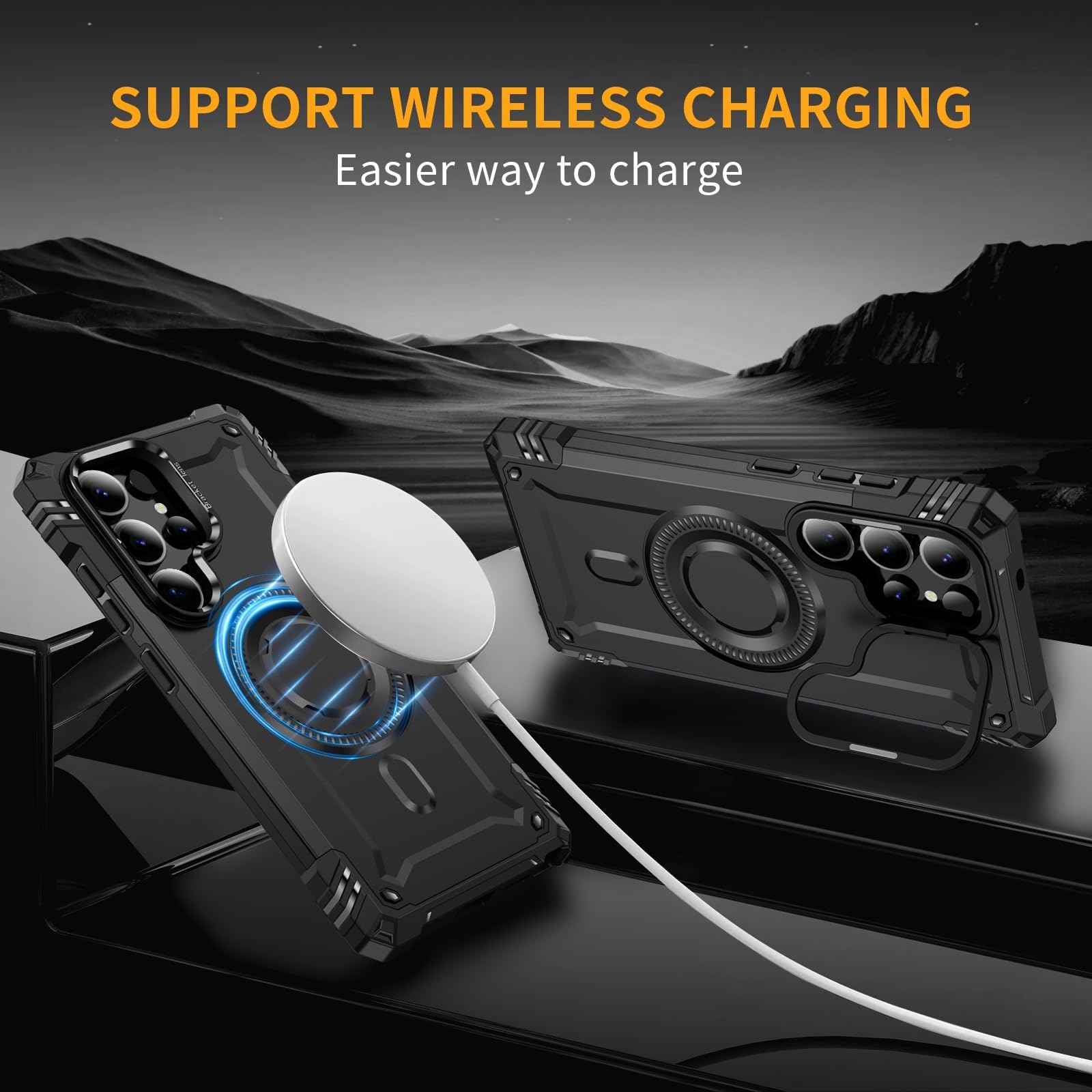 Magnetyczne etui do Samsung Galaxy S24 Ultra/S24 Plus/S24, wbudowany metalowy uchwyt, obsługuje bezprzewodowe ładowanie, odporne na wstrząsy, kolor zielony, S24 Plus