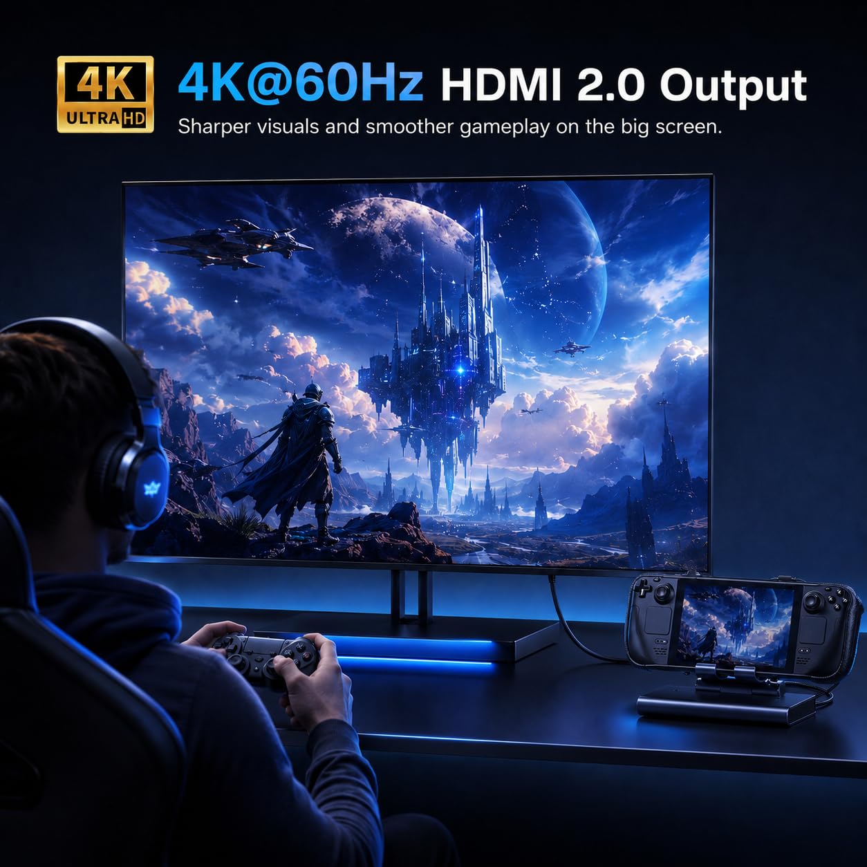 Docking station Steam Deck Dock: supporto regolabile 6 in 1 Hub Stream Deck Accessori con HDMI 2.0 4K @ 60Hz TV/1Gb Ethernet/3* USB-A 3.0/PD 3.0 Ricarica rapida per Steam, iPad, altri smartphone nero