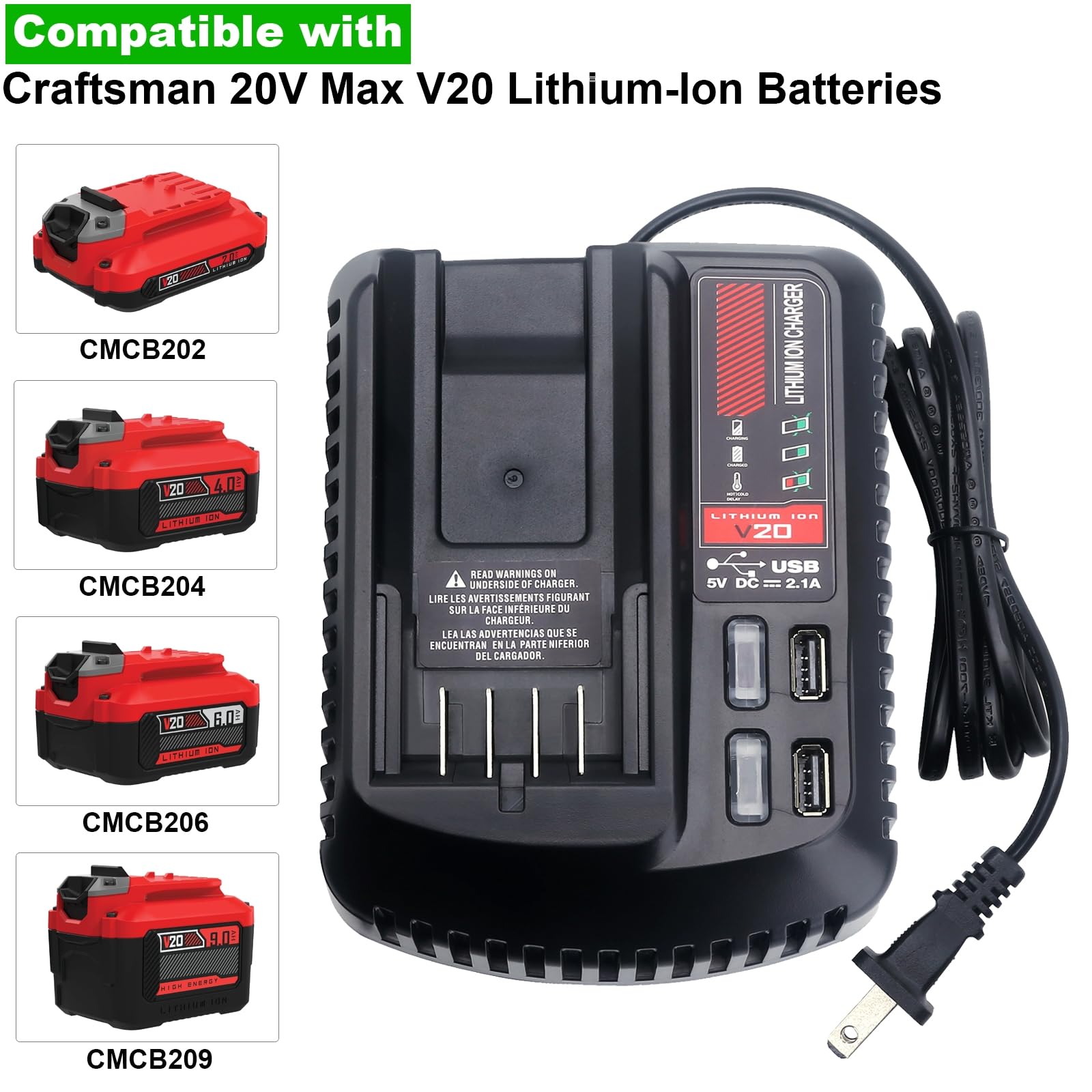 Cargador rápido de batería V20 CMCB104 de repuesto para Craftsman V20 20 V máx. Cargador de batería de litio para CMCB201 CMCB202 CMCB204 CMCB205 CMCB206, con 2 puertos USB
