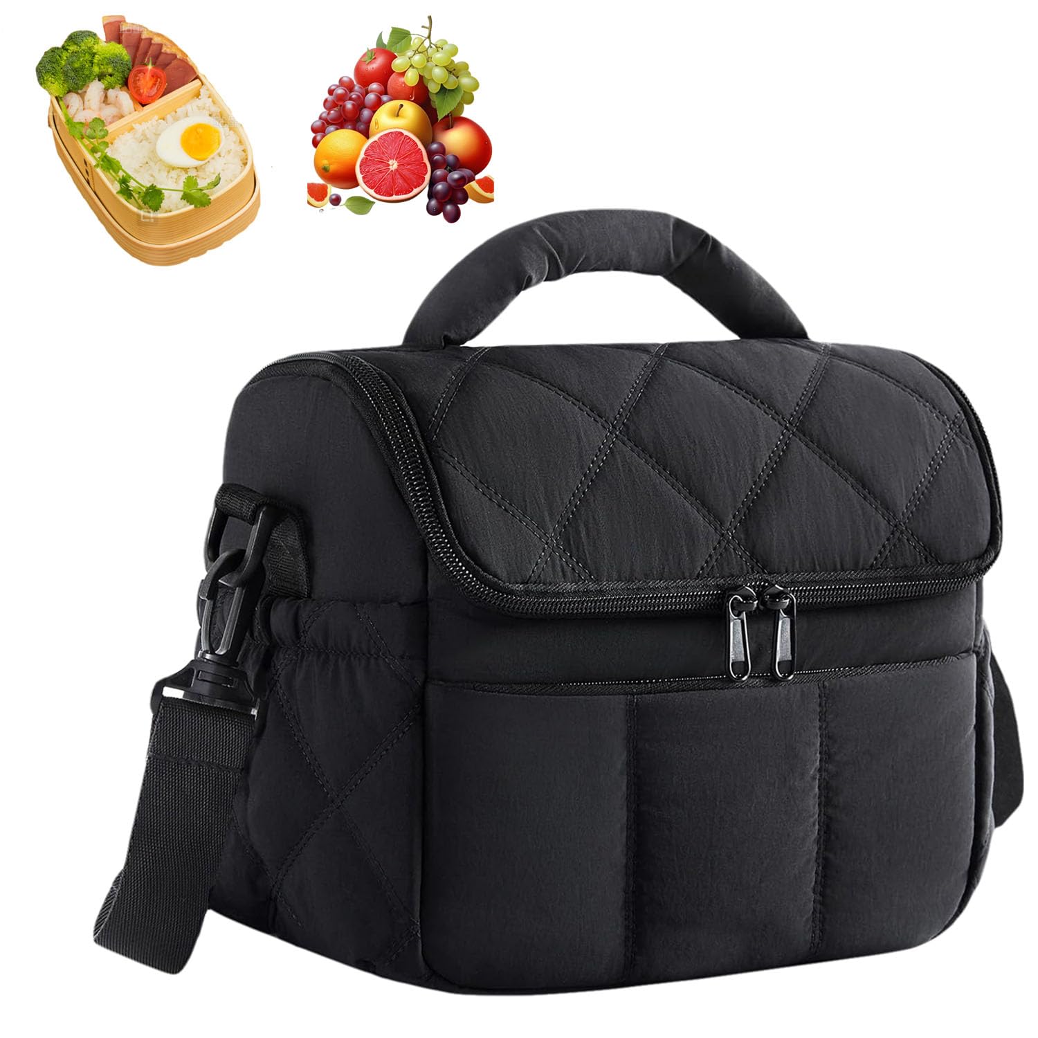 HIKENRI Insulated Lunch Box for Women,6.7L Ladies Lunch Bags for Work,Leakproof＆Shoulder Strap Waterproof Cooler Bag,Puffy Lunch Bags for Women for School/Work/Travel/Picnic(Black Lunch Bag)