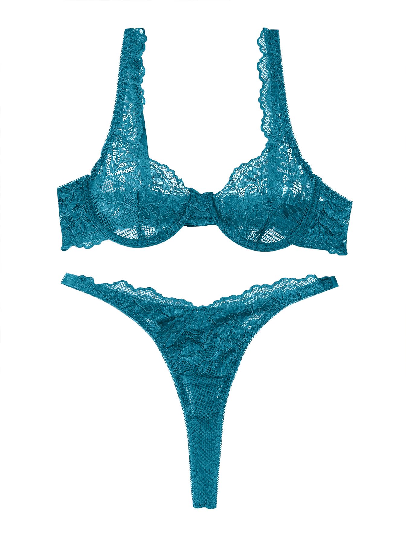 Lilosy Sexy Floral Lace Scallop Underwire Push Up Sheer Lingerie Set Outfits: X-Large Turquoise