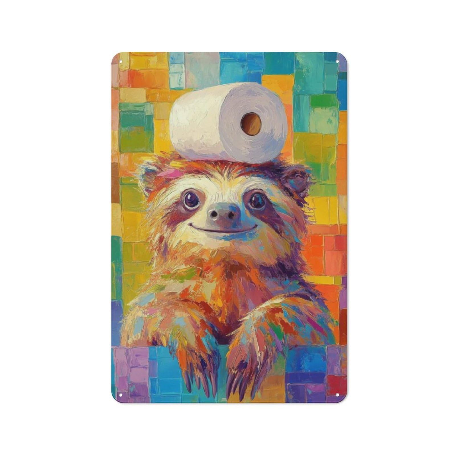 Junmoney Sloth With Toilet Paper Vintage Metal Plaque 30X20cm, Diner Style Decor For Coffee Bar, Kitchen, Bistro Or Tea Corner