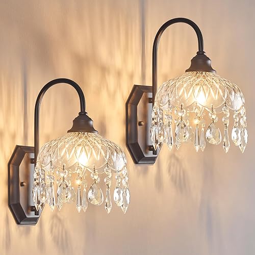 Juego de 2 apliques de pared vintage, apliques de pared de cristal de cristal, acabado negro antiguo cepillado mate, juego de dos para dormitorio,