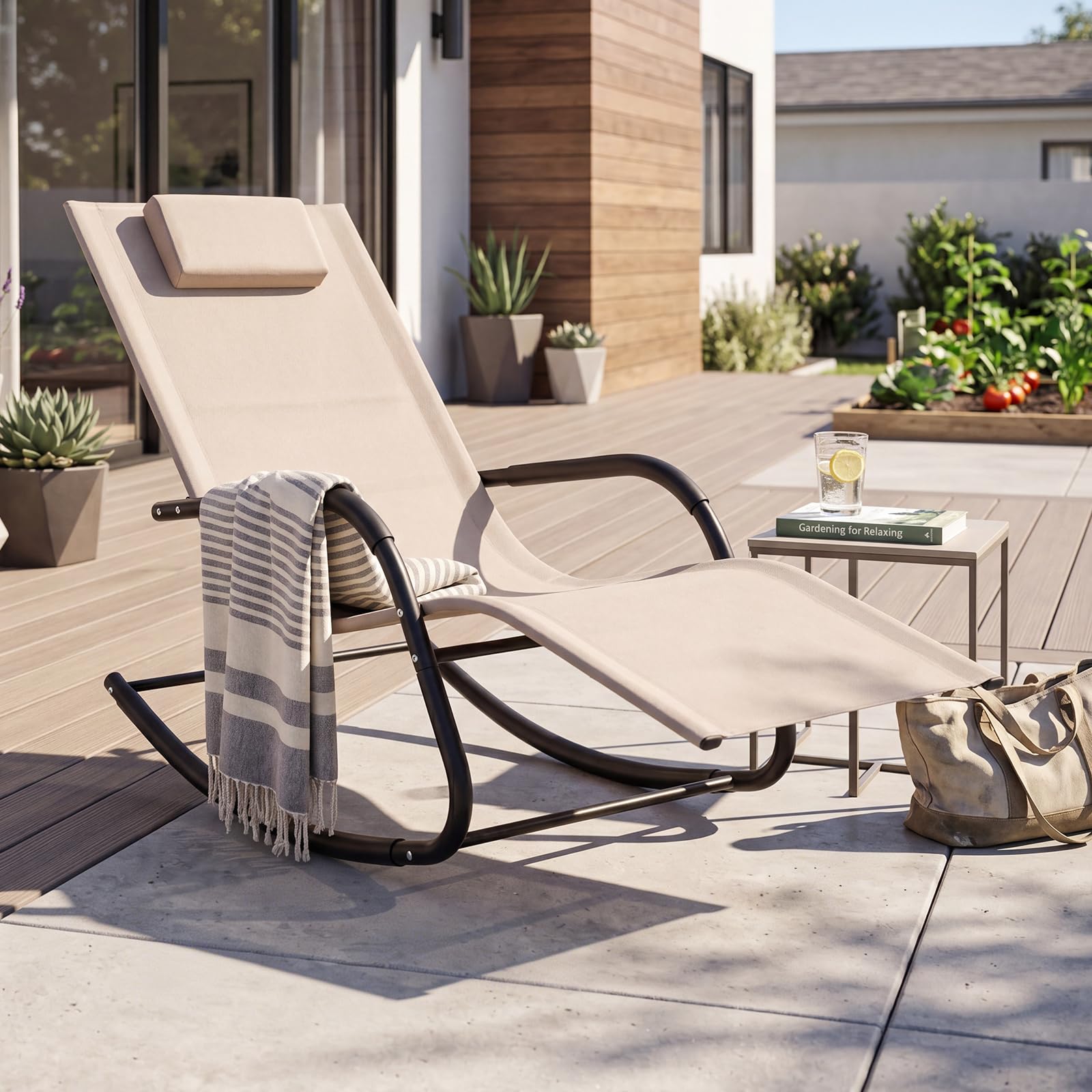 GOPLUS Transat Jardin Exterieur à Bascule avec Tétière Accoudoirs (Beige)