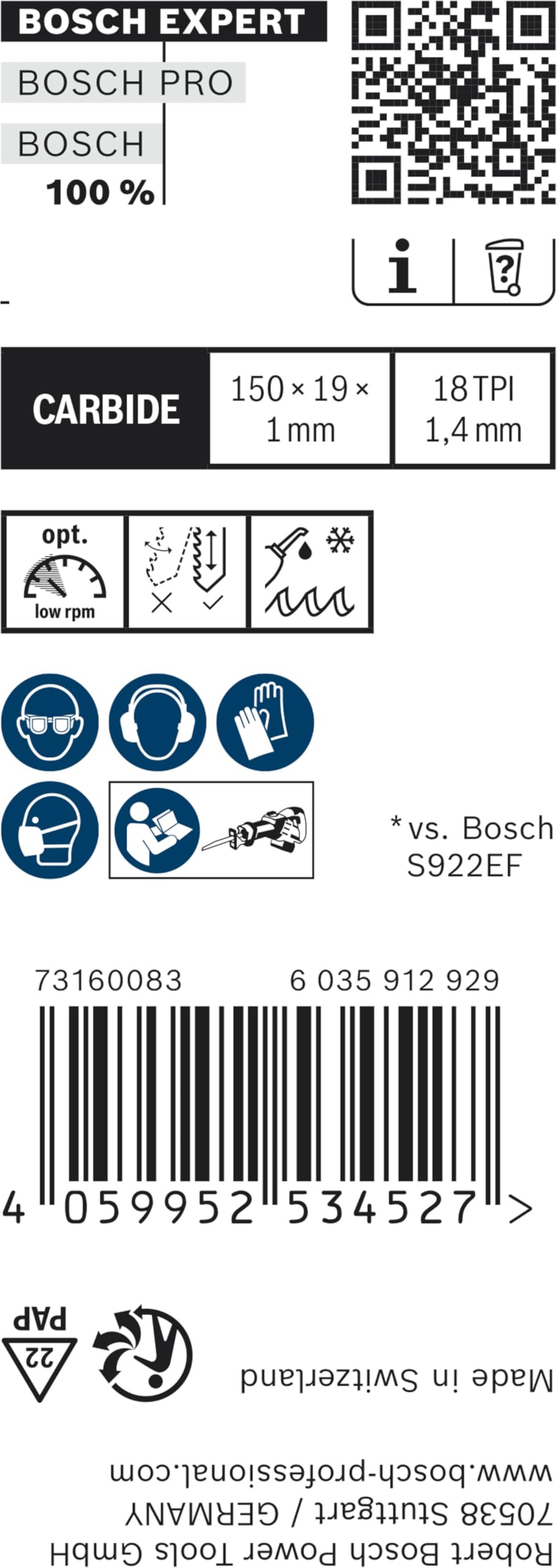 Bosch Professional 10x Hojas de sierra sable Expert `Thin Tough Metal` S 922 EHM (para Láminas de acero inoxidable, Longitud 150 mm, accesorios Sierra sable)