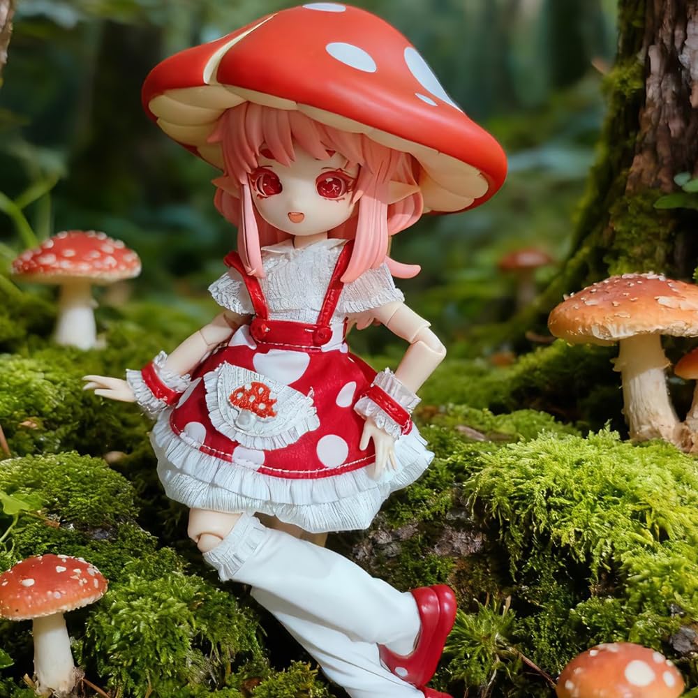 niannyyhouse BJD Blindbox-Figur, Maßstab 1:12, Ballgelenkpuppe mit Kleidung, Pilzmädchen-Serie, bewegliche Sammelfigur, Anzieh-Actionfigur (6 Stück)