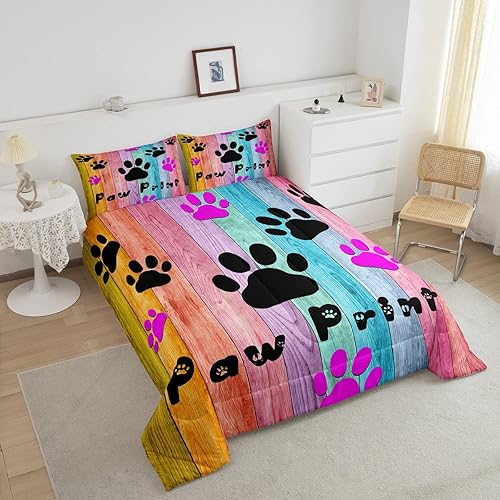 Miniatura 3 de Erosebridal Juego de ropa de cama con estampado de patas, decoración colorida de patas de perro, diseño de pared de madera rústica, edredón tamaño