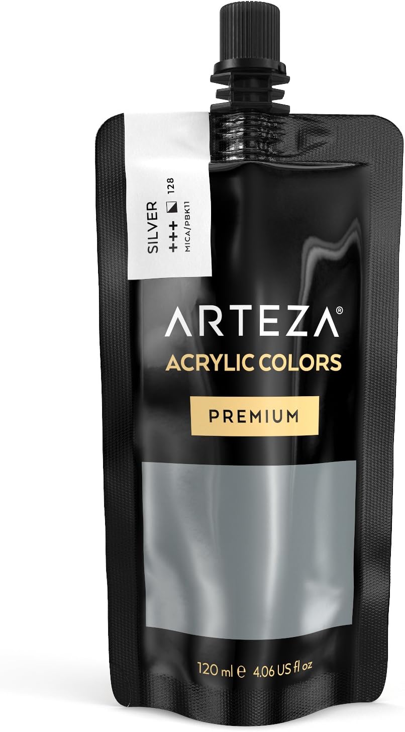 ARTEZA Acrylic Paint, Silver, 120 ml Pouch, Rich Pigment, Non-Fading, Non-Toxic Paint for Artists & Hobby Painters, Art Supplies for Canvas Painting