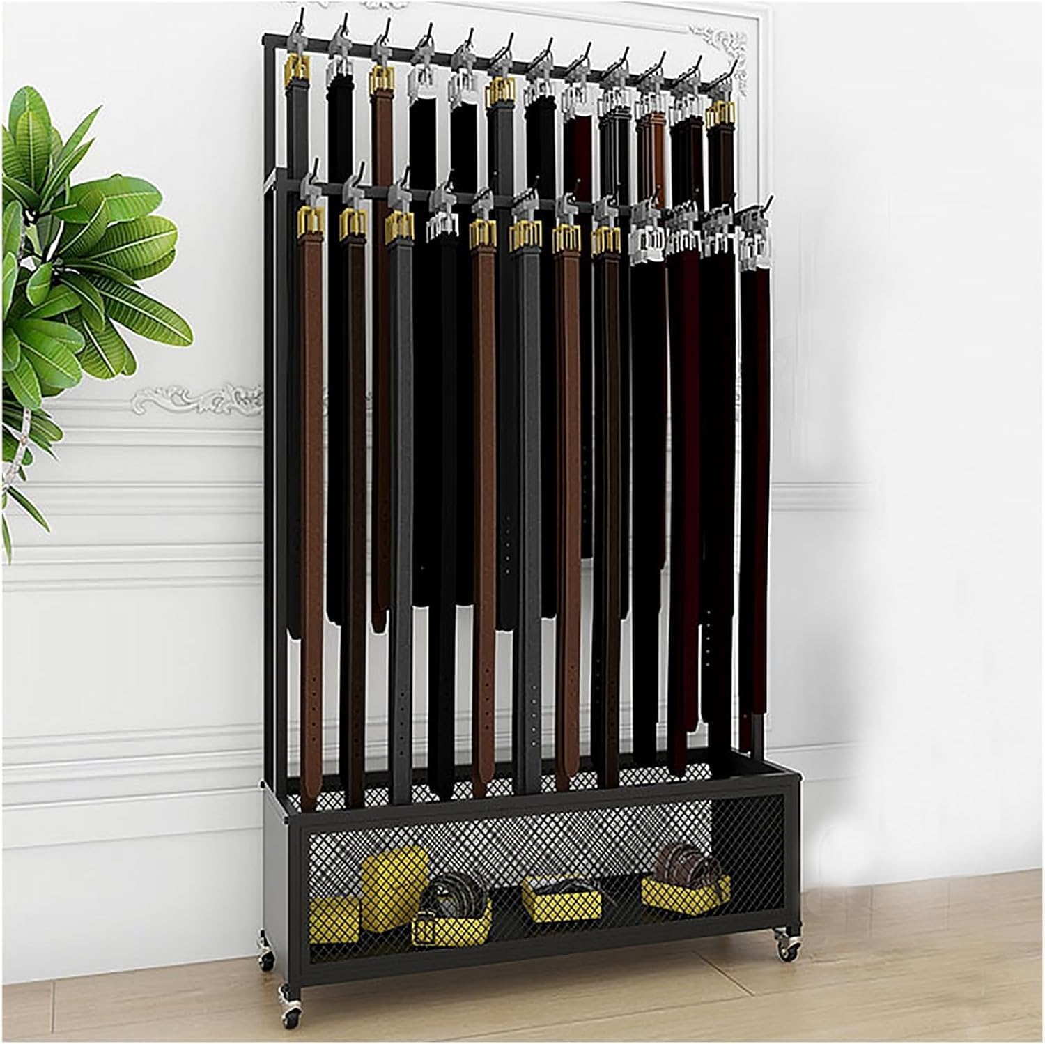 Socks Display Shelf with Bottom Storage Basket, Commercial Portable Tie/Underwear/Freestanding Belt Rack on Wheels, for Gift Shop/Clothing Store, Black White Gold Iron Frame(Black,70x30x156cm)