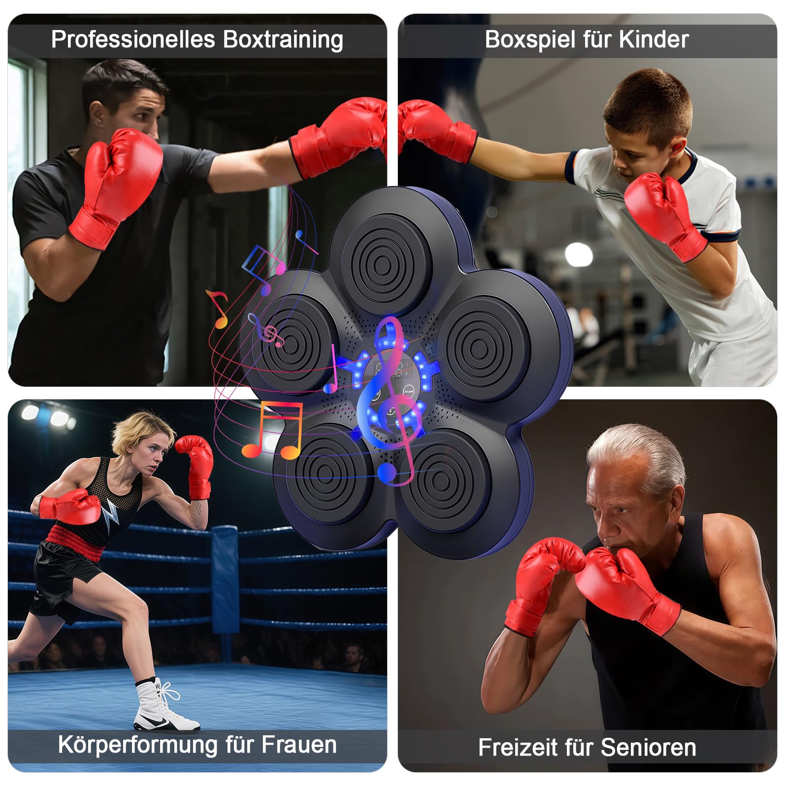 Machine de Boxe Musicale, LED Boxe Mural Musique Bluetooth avec Gants, 9 Niveaux de Vitesse et Plusieurs Modes de Frappe, Montage Murale, Appareil de Boxe pour Adultes et Enfants, Anti-Stress