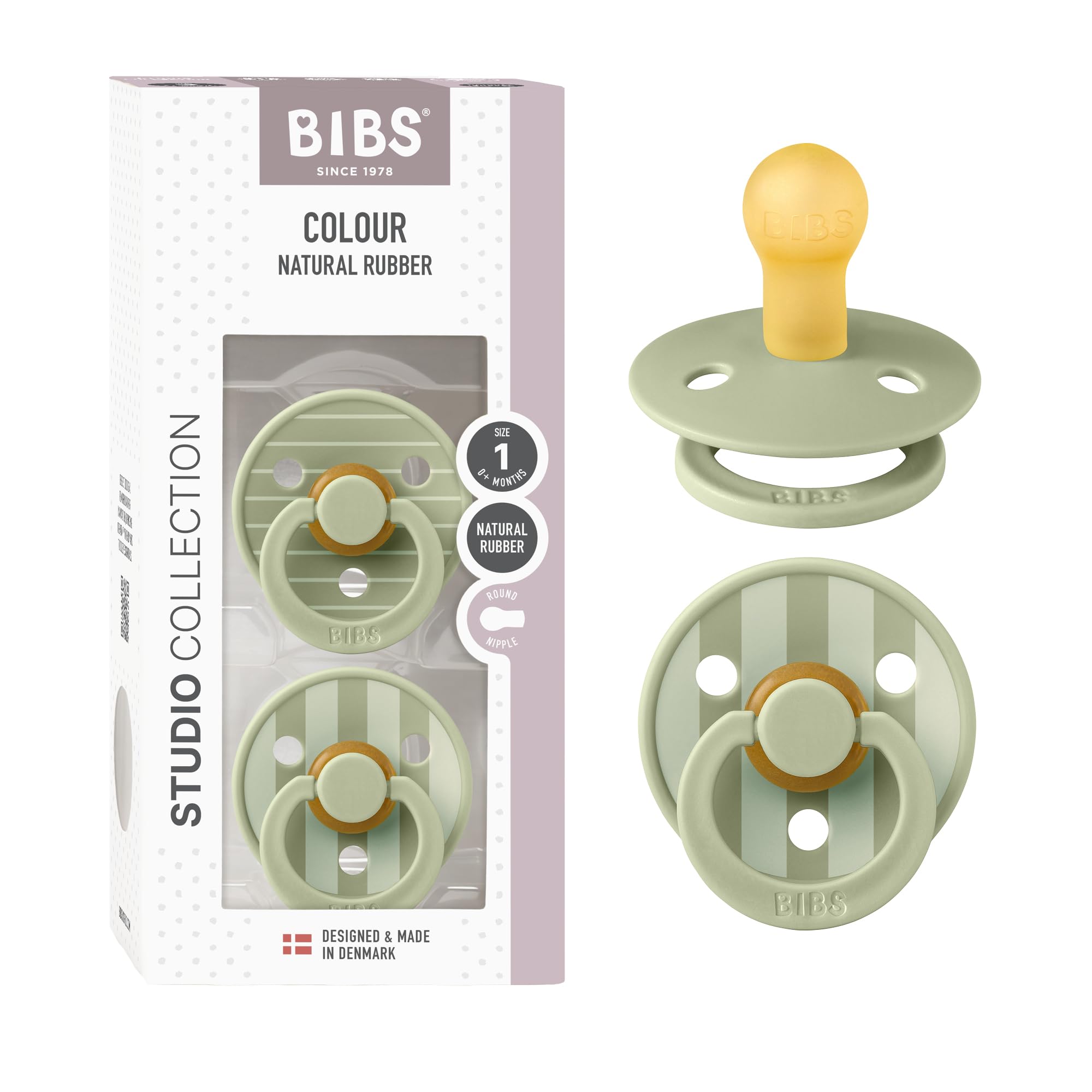 BIBS Studio Natural Rubber Baby Pacifier - Round & Soft Nipple, Gentle Shield Prevents Skin Irritation & Moisture Buildup, 100% Food Grade, BPA Free Soother, 0-6 Months, Pack of 2, Sage Mix
