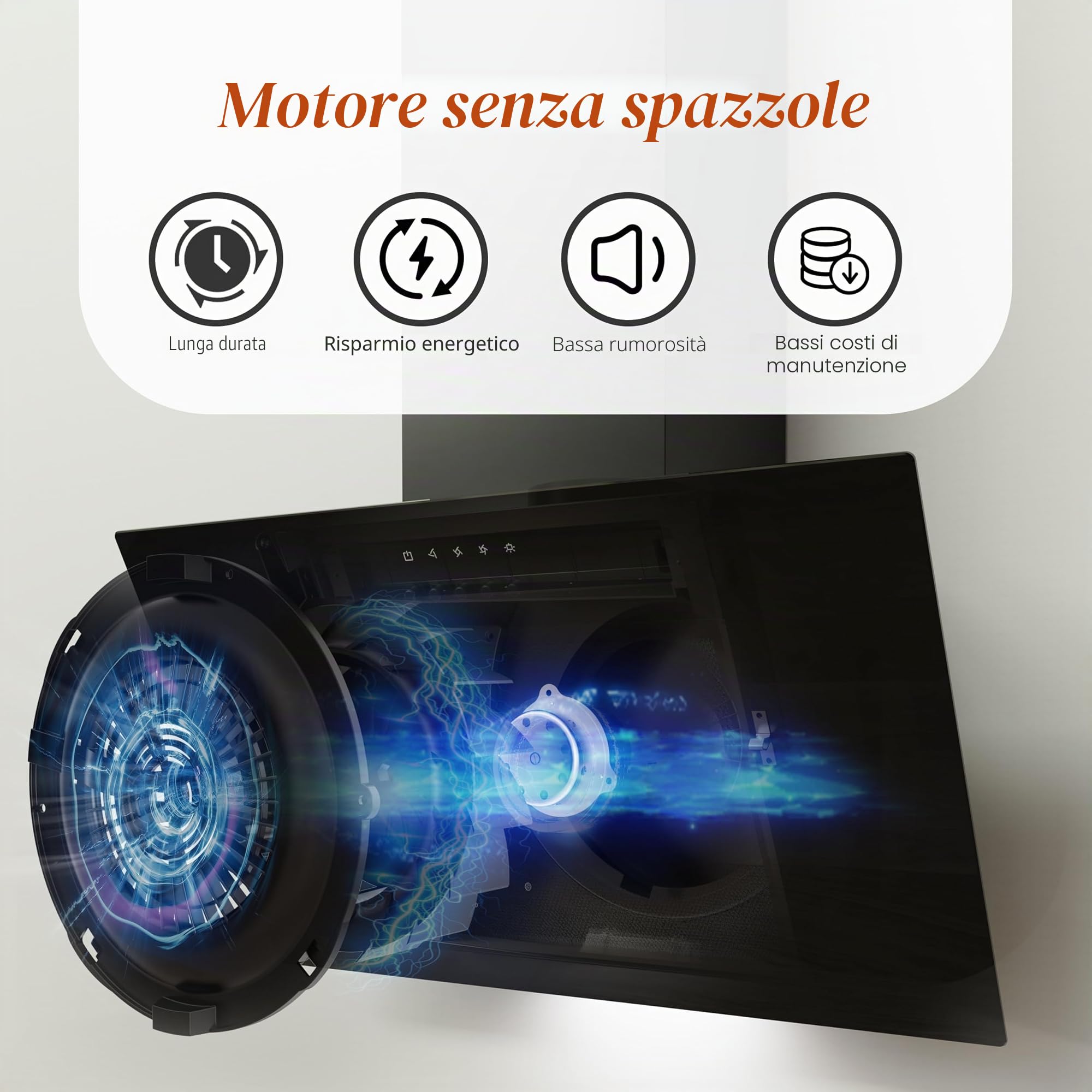 FIREGAS Cappa Aspirante 60cm Classe A Inclinata da Cucina - Cappa a Parete con Motore Senza Spazzole, 3 Livelli di Aspirazione, Filtro a Carboni Attivi, Sistema di Evacuazione e Riciclaggio, Nero