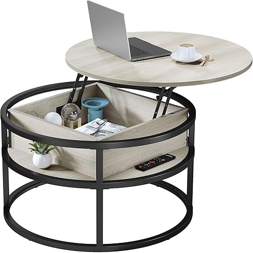 YITAHOME Round Lift Top Coffee Table, Coffee Tables for Living Room with Hidden Storage Compartment, Modern Coffee Table with Storage for Home Office,Round Center Tables Living Room,White Oak