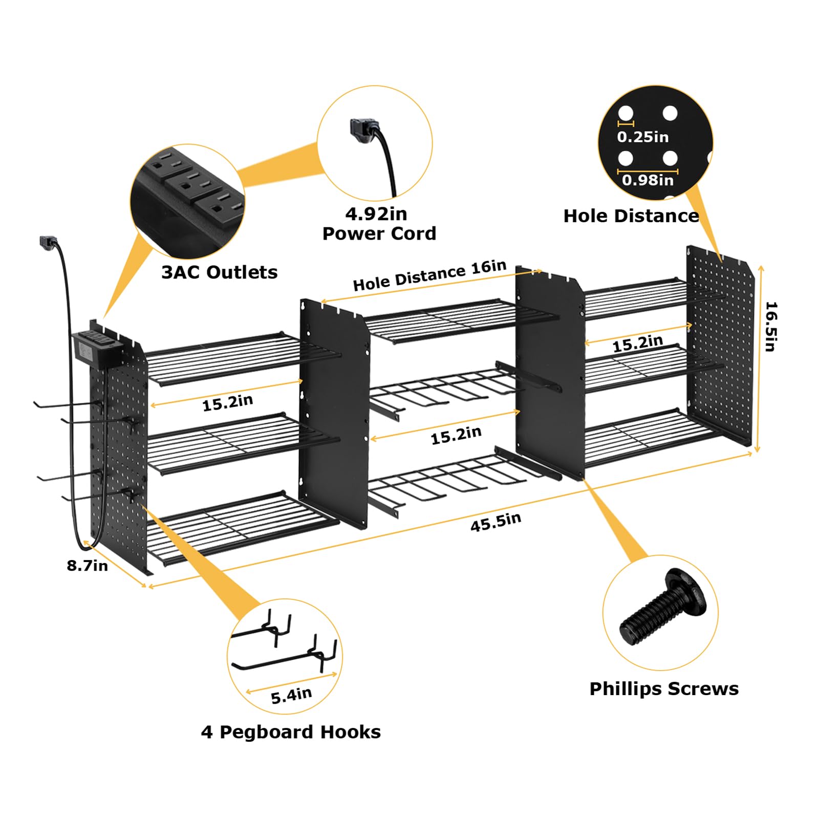 Power Tool Organizer Wall Mount with Charging Station, Heavy Duty Metal Tool Storage Rack with 8 Cordless Drill Holder,Battery Utility Rack Loads with 7 Tool Racks for Workshop Shed Pegboard Basement