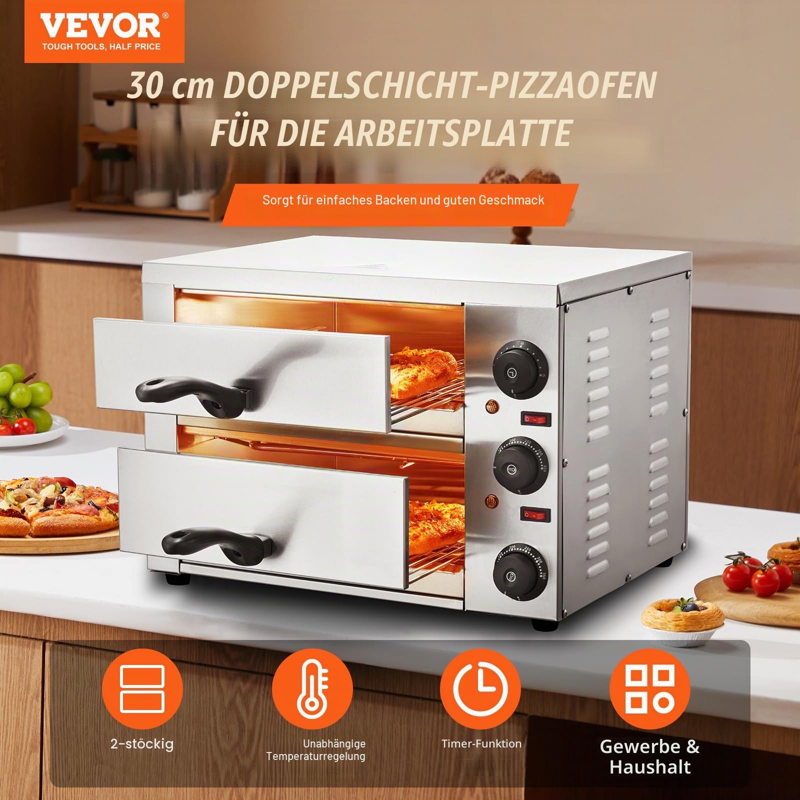 VEVOR Kommerzieller Pizzaofen Backofen, 2-lagig 305 mm, elektrischer Pizzaofen aus Edelstahl mit drei Drehknöpfen, Mehrzweck-Pizzamaker Indoor, zum Backen im Restaurant, zu Hause, Schwarz