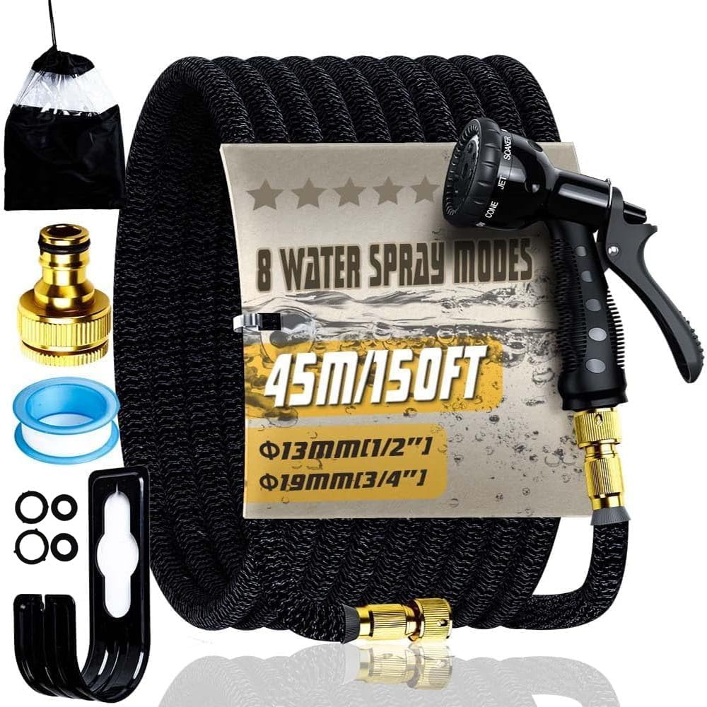 150FT Expandable Garden Hose Pipe,Flexible Expanding Magic Hose with 8 Pattern Spray Modes, Retractable Hose Pipe with 3/4" 1/2" Fittings for Gardening, Cleaning, Household