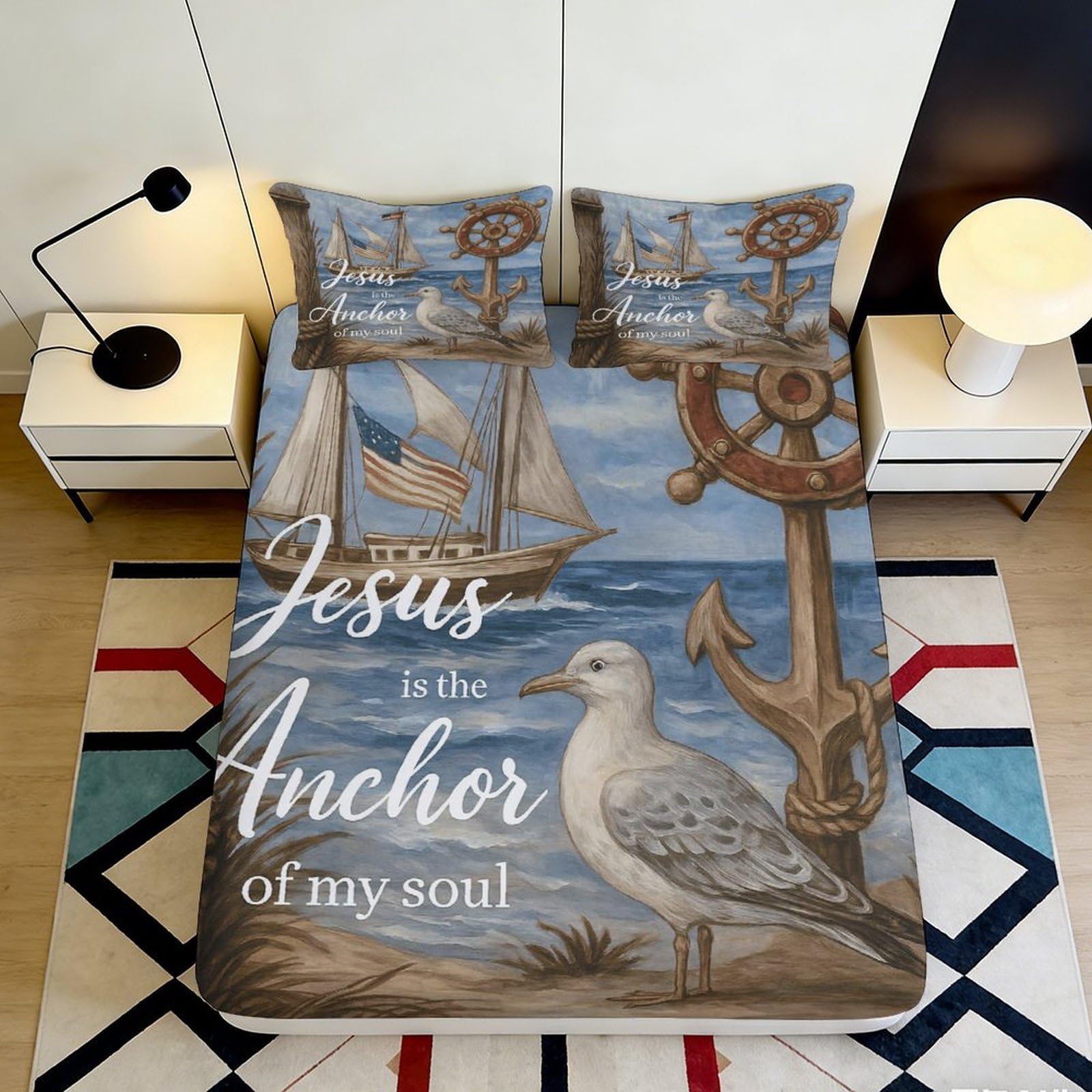 3D Printed Nautical Ocean View Fitted Sheet Microfiber Soft Breathable Seagull Anchor Mattress Cover Bedroom Decor 120x200x25cm