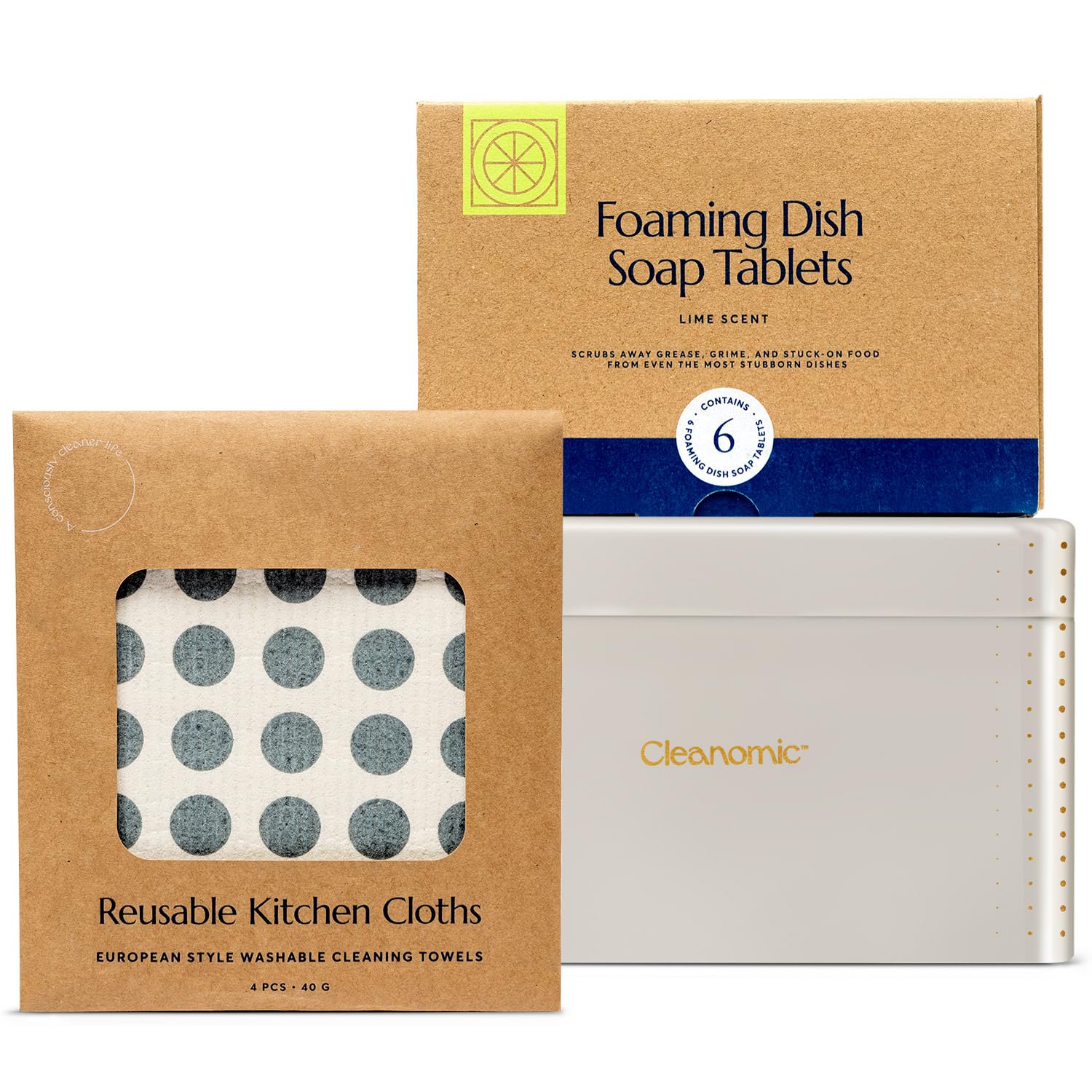CLEANOMIC Reusable Kitchen Cloth Foaming Dish Soap Tablet Tin Bundle