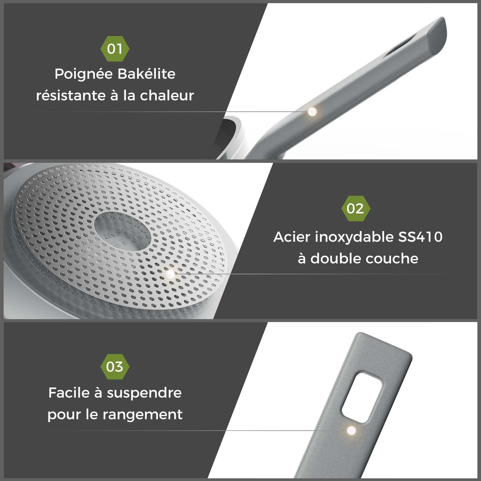 Sanho Set 3 poêles céramique 20/26/30cm | Revêtement diamant+titane antiadhésif | 100% sans PFAS/PFOA/PTFE | Toutes cuisinières | Manche bakélite anti-chaud, lave-vaisselle | Gris