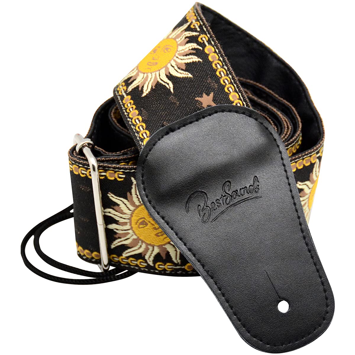 Bestsounds Unisex Black C-150 Leather Adjustable Guitar Strap, Sun Jacquard Weave For Bass Electric And Acoustic Guitars,