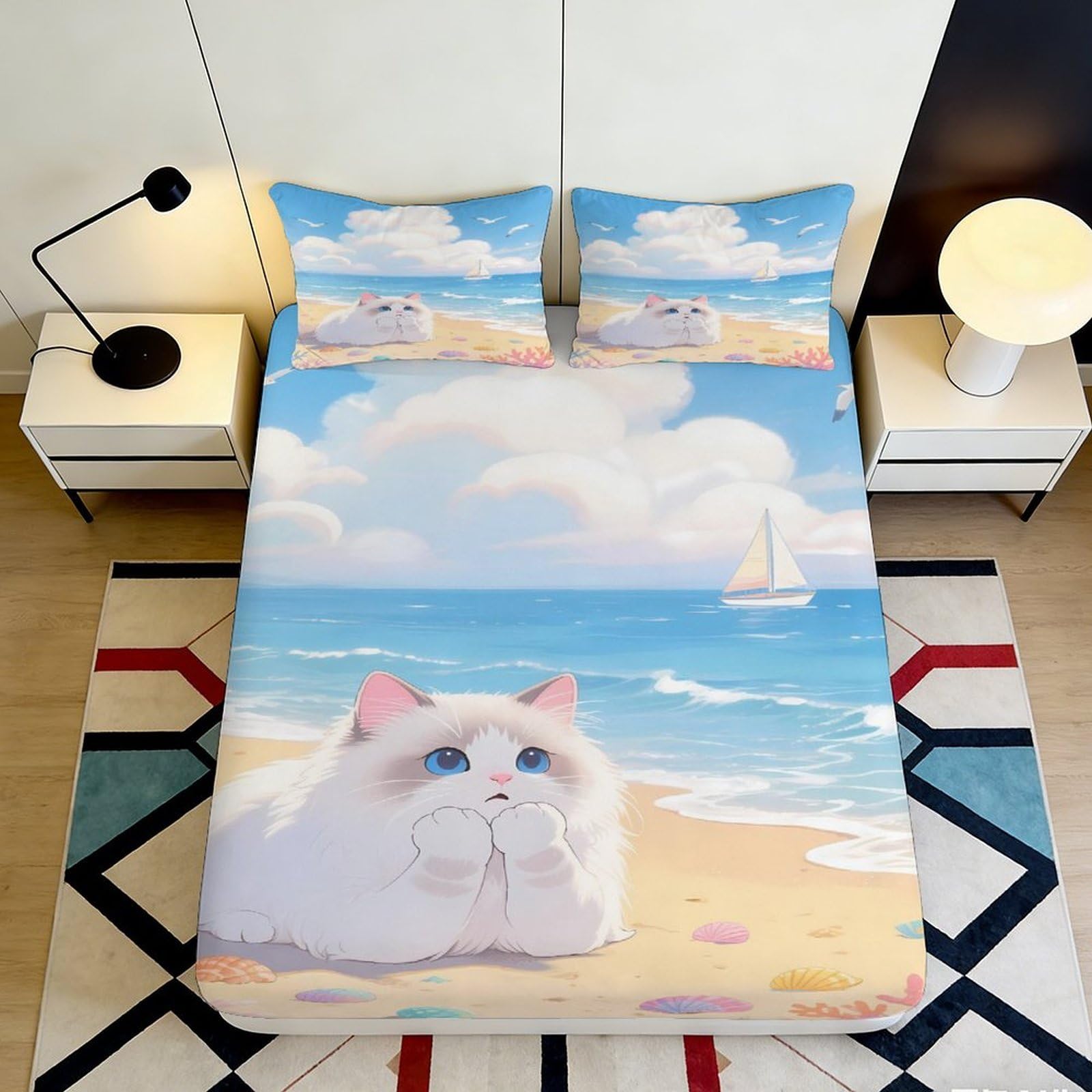 3D Printed Beach Cat Fitted Sheet Microfiber Deep Pocket Bedroom Bedding Full Wrap Beach Cat Mattress Fitted Cover Washable for All Ages 200x200x25cm