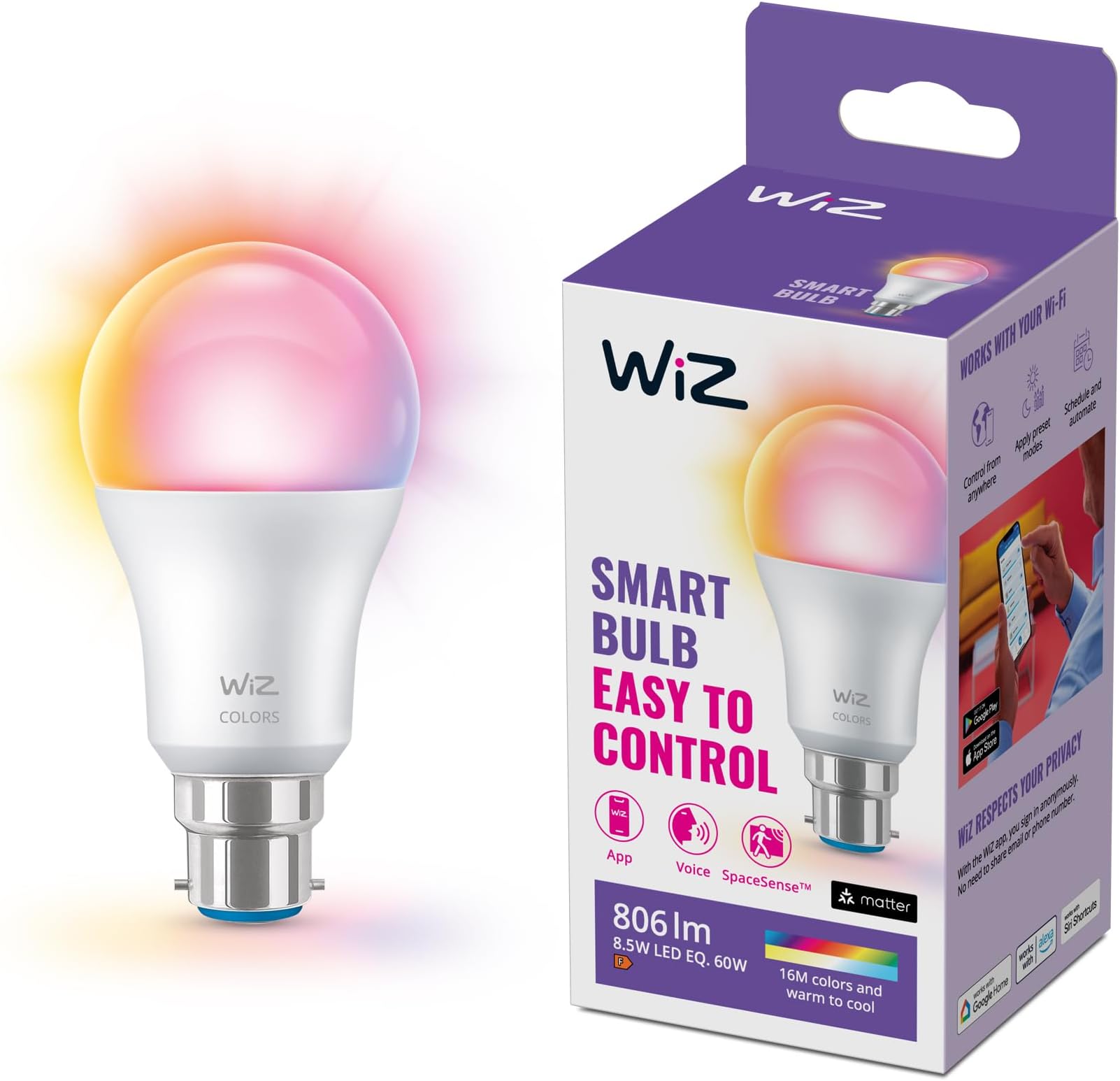 WiZ A60 B22 Colour Smart Light Bulb