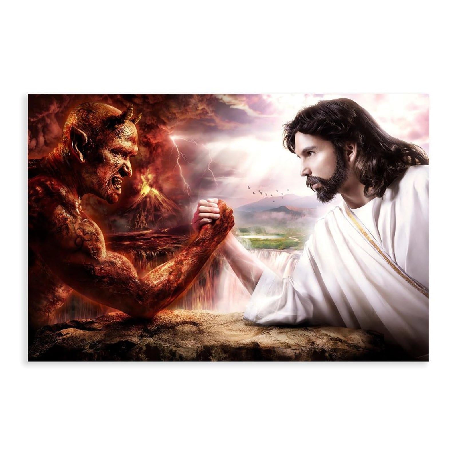 Qnvjqkdsi Unframe Jesus And The Devil Arm Wrestle Art Canvas Poster Bedroom Decor Landscape Office Room Decor Gift 24" L X 36" W