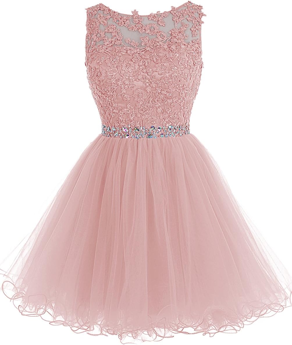 Tideclothes Short Beaded Prom Dress Tulle Applique Homecoming Gowns TC10198BlushUS2