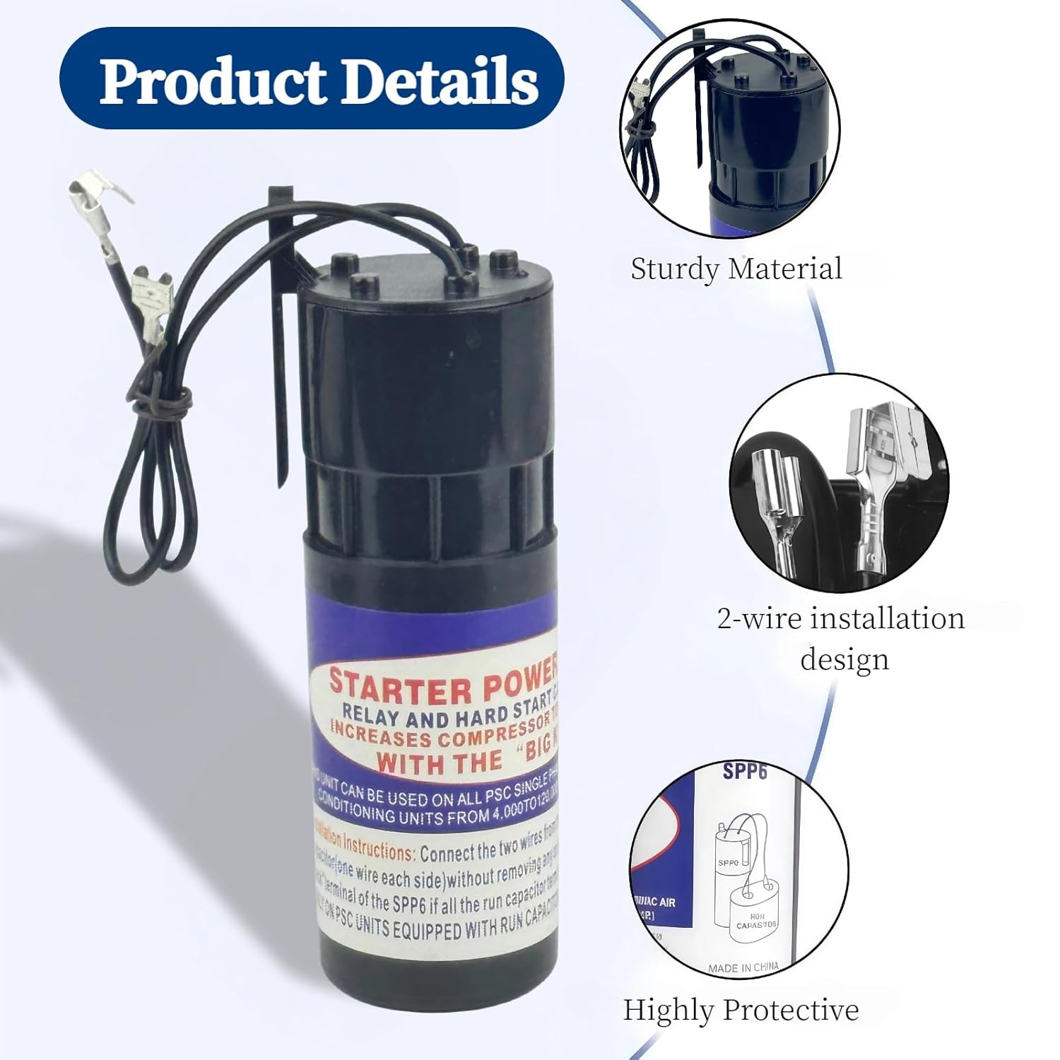 3 Pack SPP6 Hard Start Kit for Air Conditioners Universal 115V-288VAC Replacement 4,000 to 120,000 µF - Boosts Compressor Torque by 500% - Compatible with 0.5HP to 10HP Units