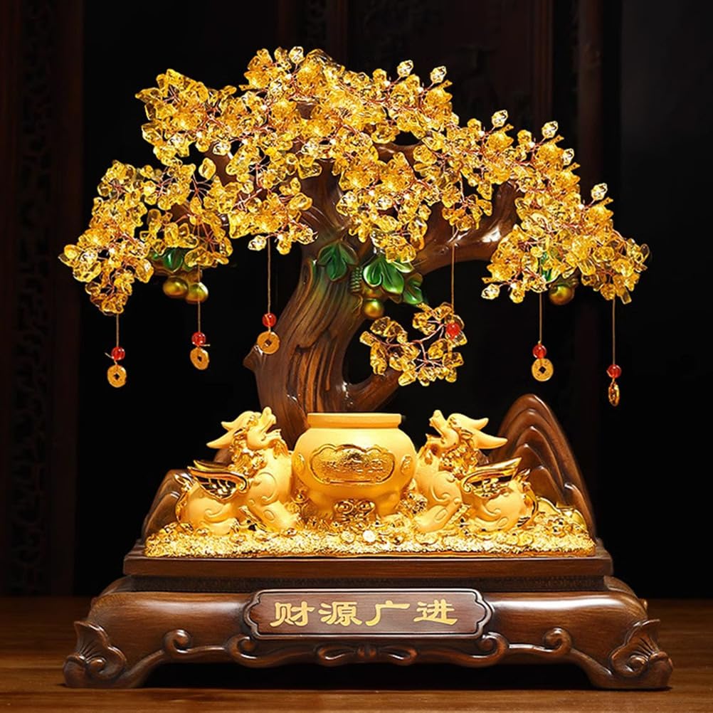 Drzewo pieniędzy Feng Shui Decor Chińska roślina pieniędzy dla bogactwa Dobrobyt, cytrynowy kamień Bonsai Powodzenia Ozdoba Feng Shui do dekoracji domu i biura, prezent,Medium