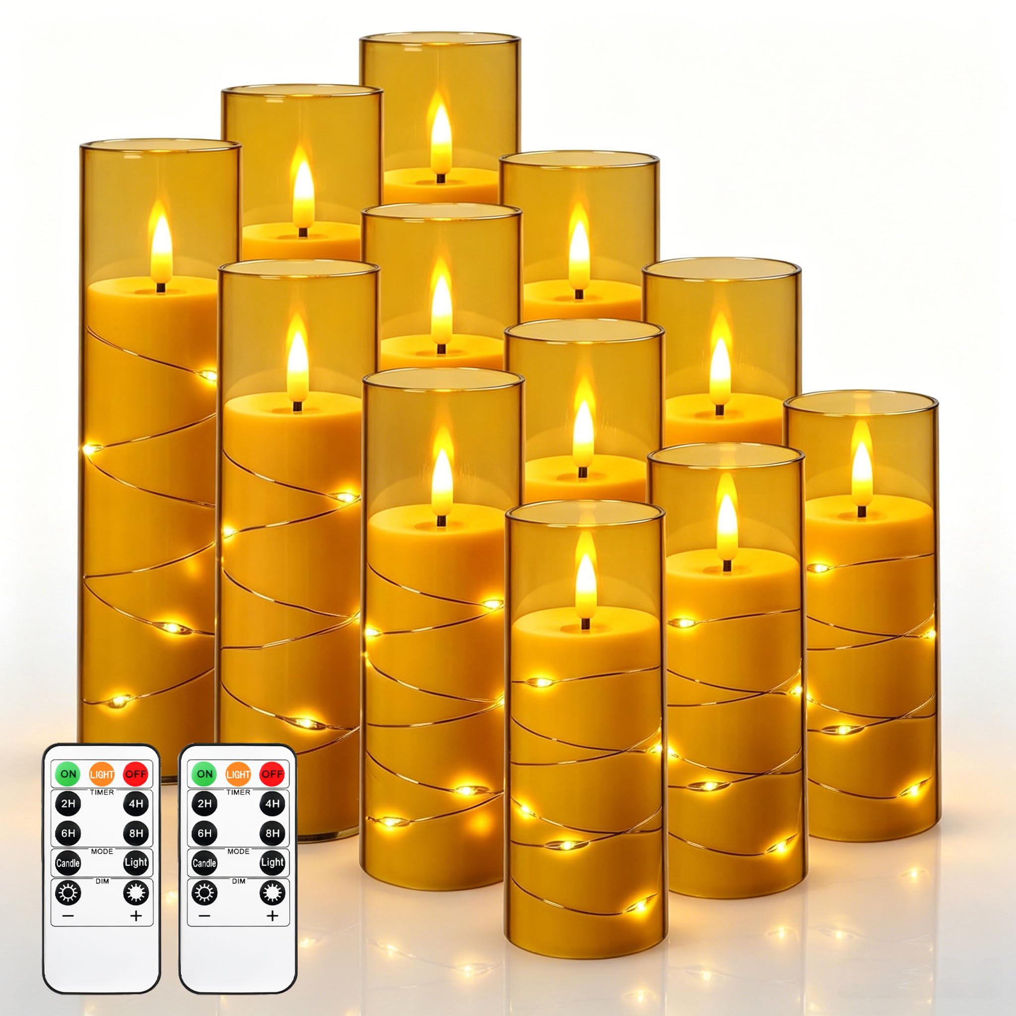12 Bougies LED Champagne Transparentes, Guirlande Lumineuse, Flamme Scintillante Réaliste, Télécommande, Réutilisables pour Déco Intérieure et Festive