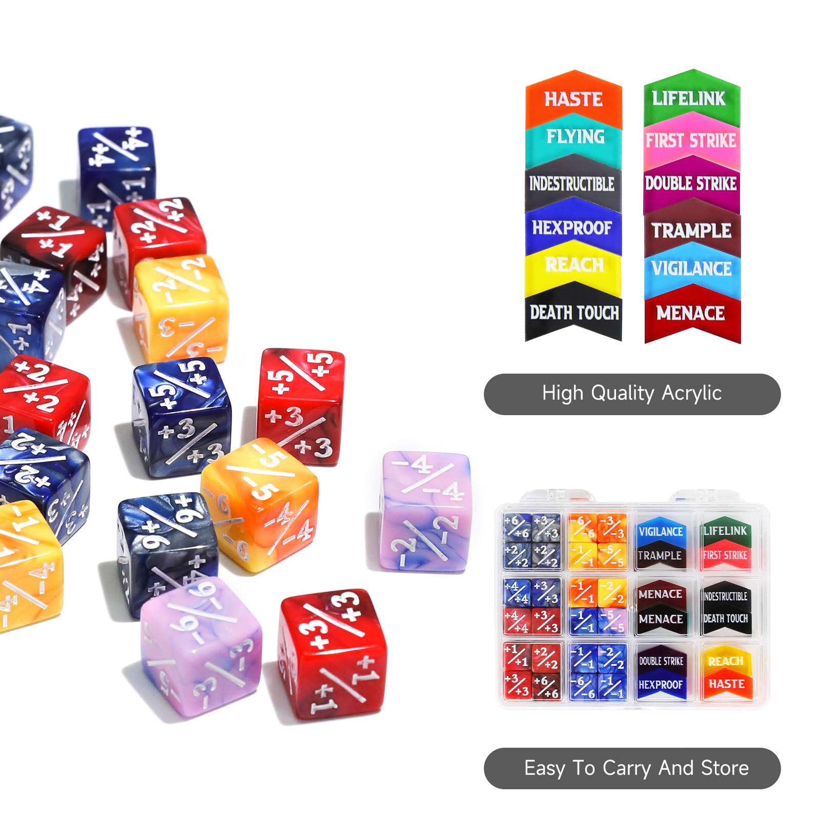 SIXPONTS Lot de 48 dés MTG de 12 mm – 1/+1 dés de compteur de vie et jetons de compteur de mots clés MTG compatibles avec Magic The Gathering, TCG, accessoires de jeux de cartes (dés # B et compteurs