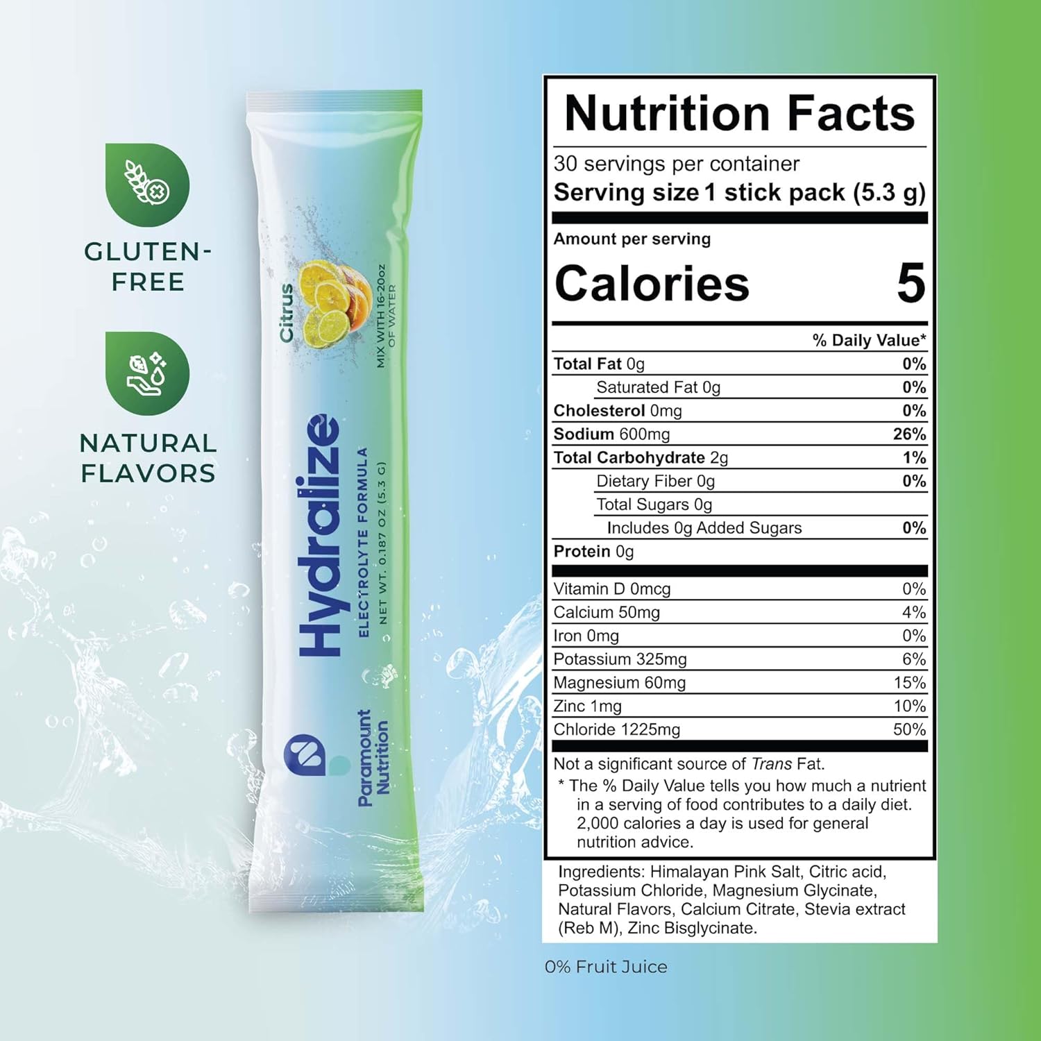Hydralize Electrolyte Powder Packets – 600mg Sodium, 325mg Potassium, Magnesium Glycinate – Zero Sugar, No Artificial Sweeteners – Citrus – 30 Sticks
