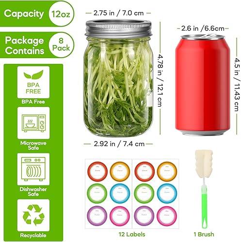 Miniatura 2 de Homerove Tarro de vidrio de boca regular de 12 onzas con tapa hermética, paquete de 8 tarros de conserva, 8 tapas de tipo dividido y 8 tapas