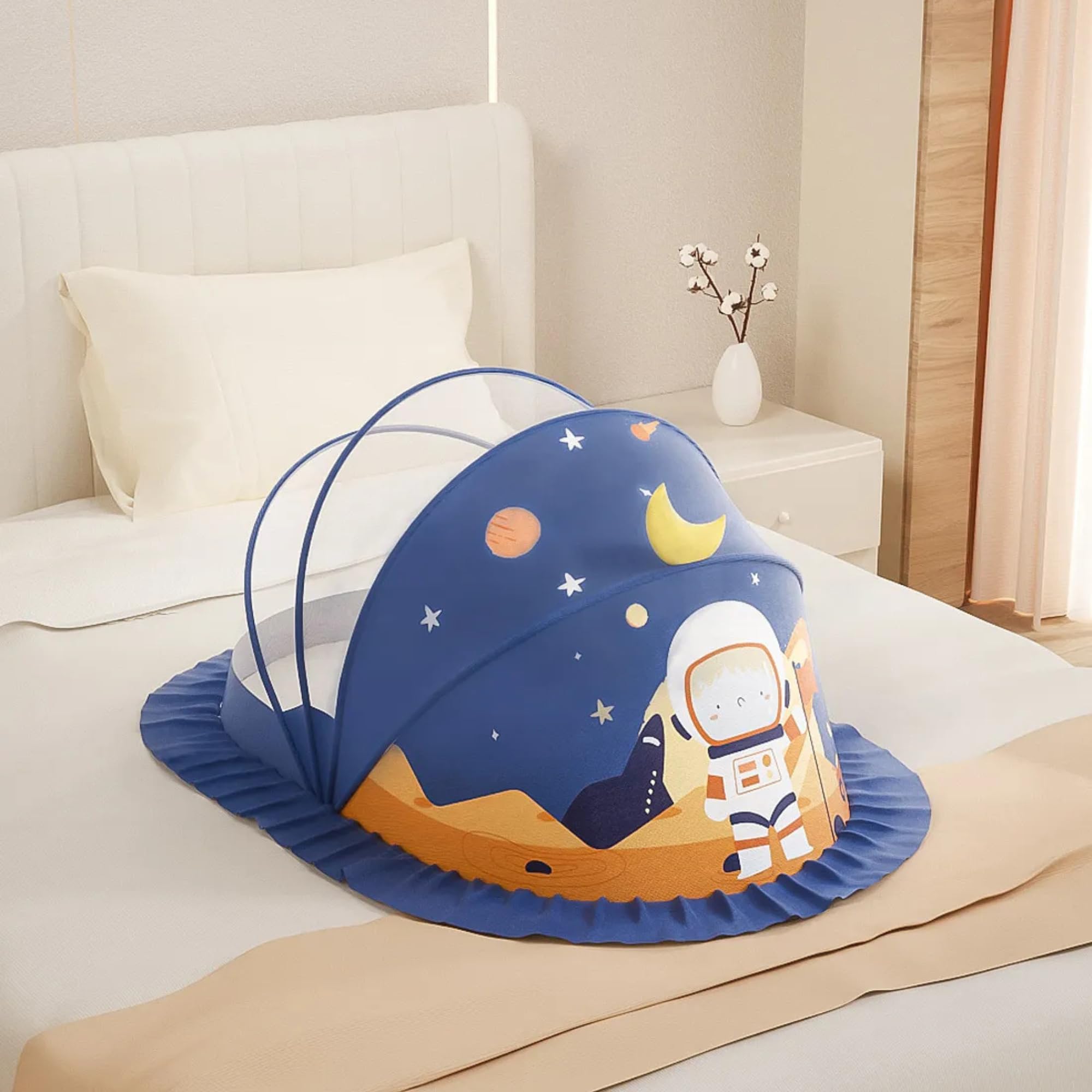 Classic Mosquito Net for Baby | Astronaut Print | Bottomless Net for Infants, for Safe & Easy Use | Ensures Your Baby's Safe Sleep | 98cmX55cmX50cm (0 to 24 Months) - Blue