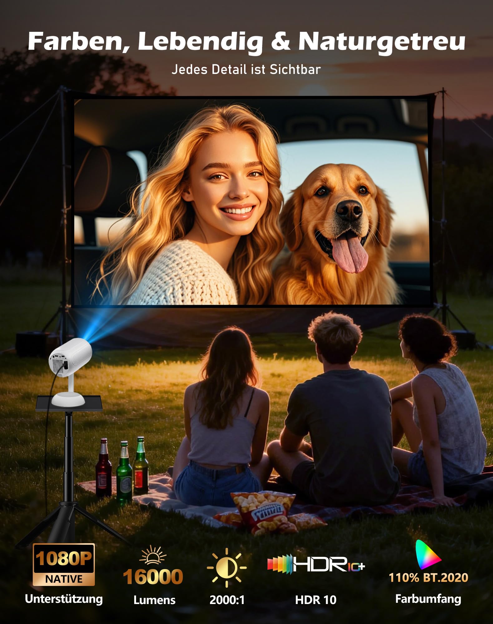 VGKE Mini proiettore con app Android, messa a fuoco automatica 3D TOF, correzione trapezoidale automatica, 16000 lumen, supporto Full HD 4K, proiettore portatile WiFi 6 Bluetooth per esterni/cellulare