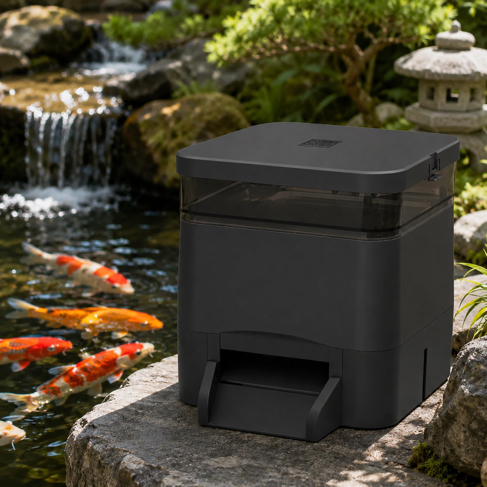 Distributore Mangime per Laghetto 4 L - Mangiatoia Automatica per Koi e Pesci Rossi Black