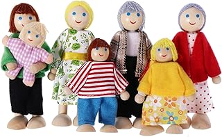 cobee Dollhouse Family People Figures, 7 Pieces Wooden Doll House Family Dolls Mini Doll Family Pretend Play Figures Miniature Dollhouse Doll Figures (C)