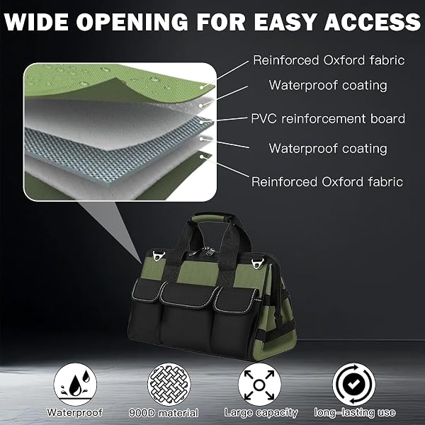 Bolsa de herramientas profesional con 21 compartimentos, 40 x 20 x 24 cm, bolsa de herramientas de jardín, bolsa de almacenamiento para mecánicos, electricistas, carpinteros - 5