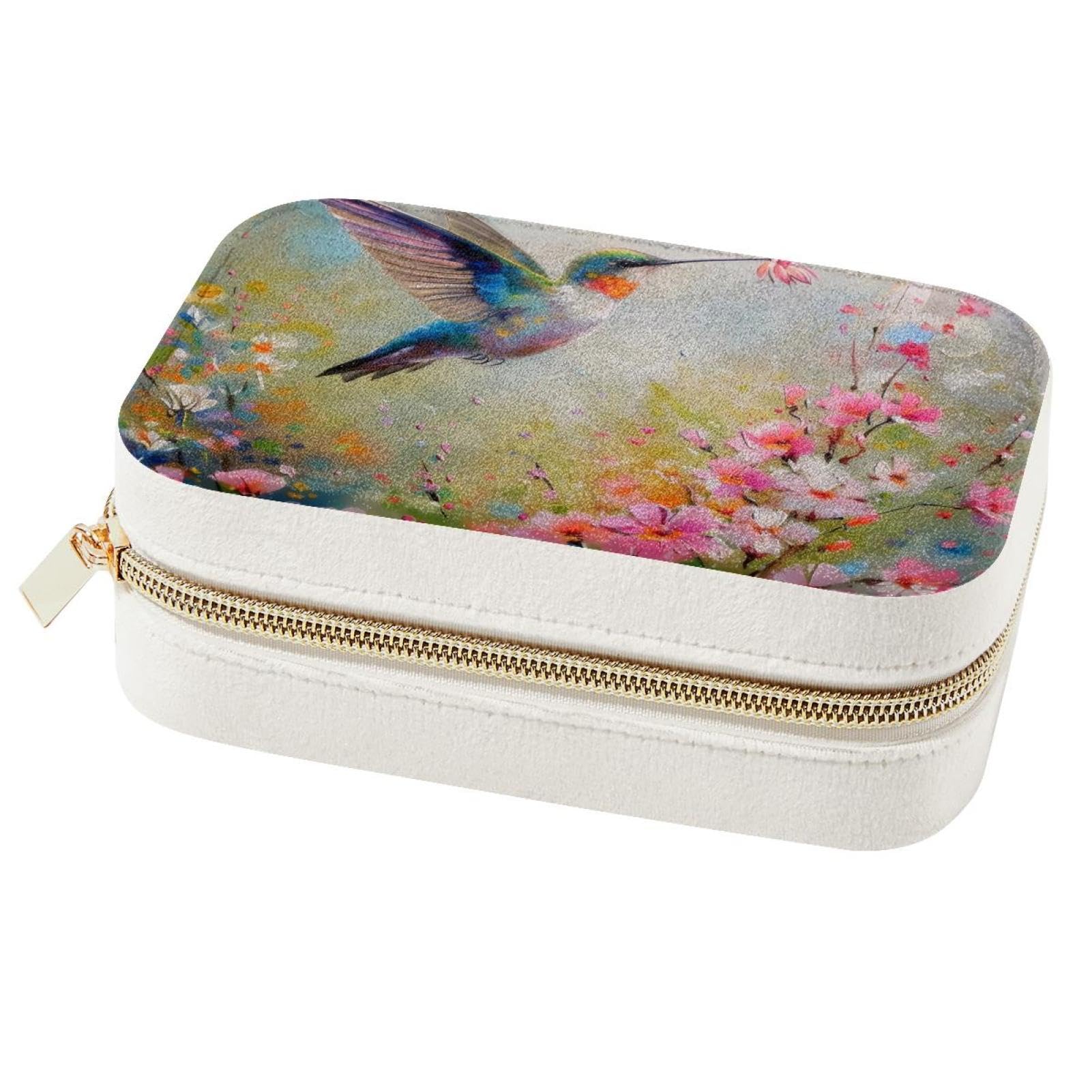Boîte à bijoux colibris et fleurs, grand organiseur de voyage portable pour bagues et colliers