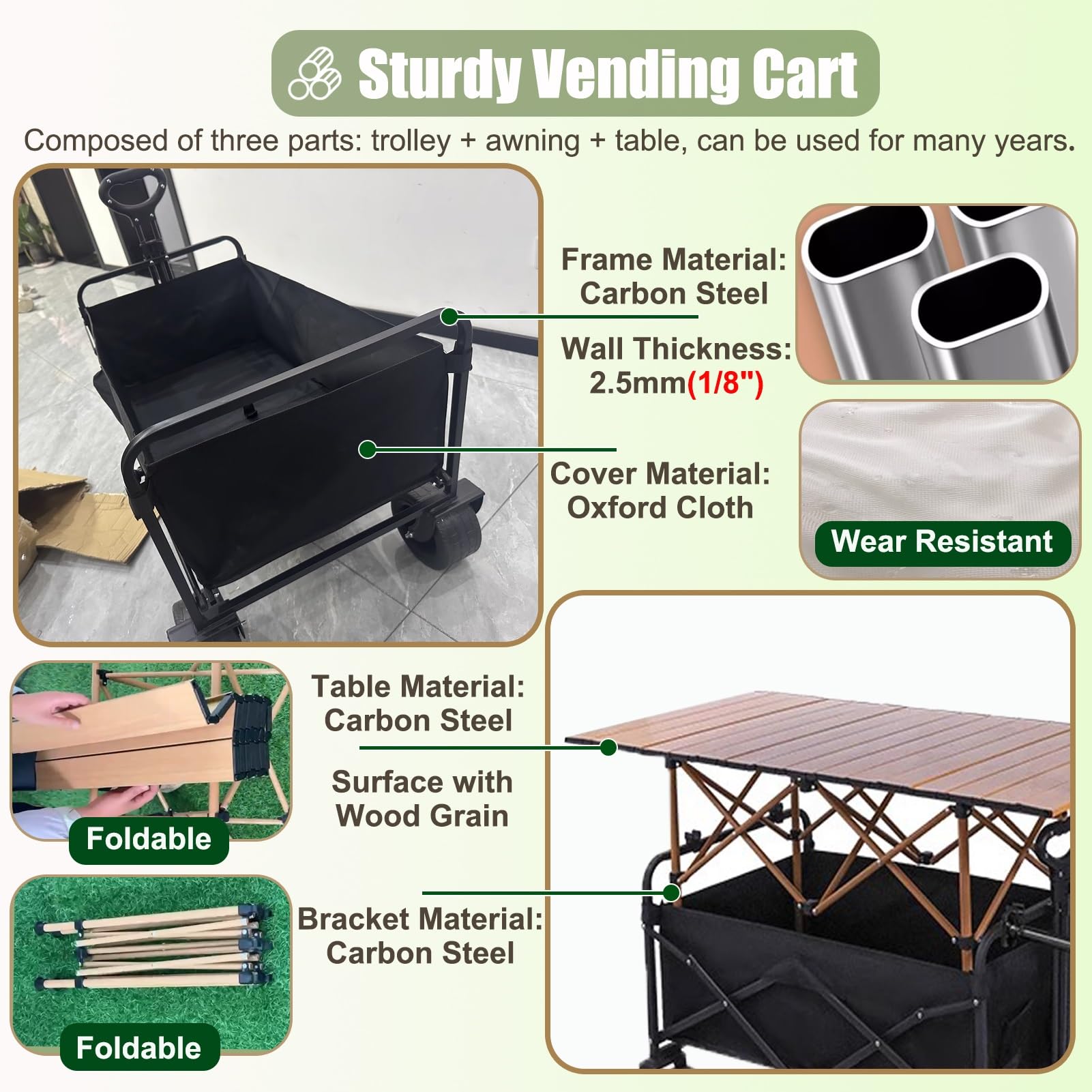 Chariot de Vente Présentoir de Confiseries, Snacks et Charcuteries, Stand de Marché Fermier en Plein Air pour Glaces, Chariot de Restauration Mobile Pliable(Table Width 89cm(35"))