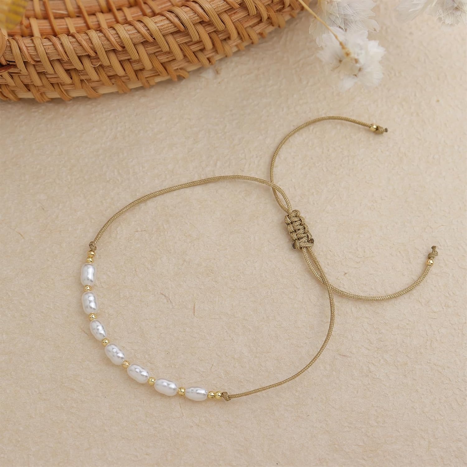 Gold Beaded Charm Braided Bracelets for Women, Cute Handmade Beads Adjustable Beige Rope String Lucky Bracelet Friendship Holiday Jewelry Gift - Image 5