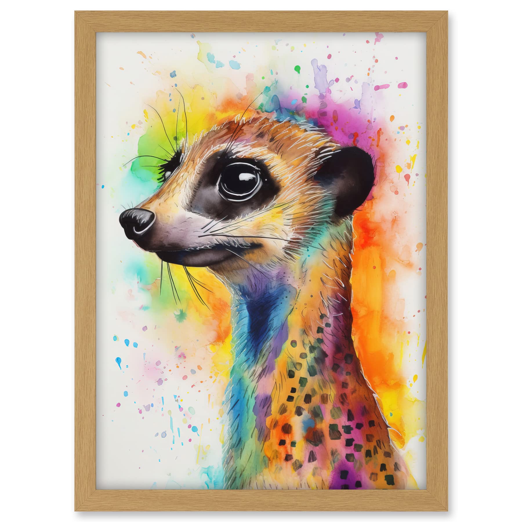Artery8 Meerkat Multicoloured Portrait Watercolour Painting Artwork Framed A3 Wall Art Print
