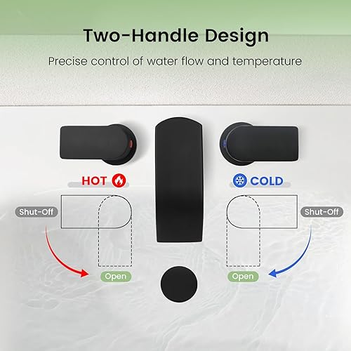 Miniatura 7 de M OUDEMEI Grifo de baño de cascada de 3 agujeros, grifo de lavabo de baño de 8 pulgadas, dos manijas con drenaje desplegable (negro mate)