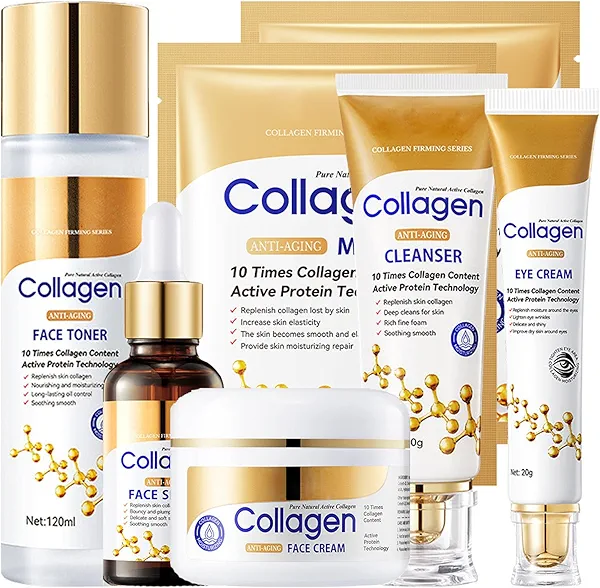 Collagen Skin Care Set, 6Pcs Anti Aging Face Care Sets for Women, Firming Skin, Shrink Pores, Smooth Wrinkles, Hydrating Skin Care Set Include Serum Face Cream Eye Cream Toner Cleanser Facial Mask1