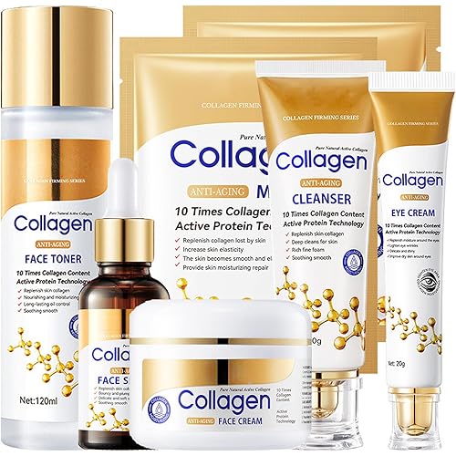 Collagen Skin Care Set, 6Pcs Anti Aging Face Care Sets for Women, Firming Skin, Shrink Pores, Smooth Wrinkles, Hydrating Skin Care Set Include Serum Face Cream Eye Cream Toner Cleanser Facial Mask1