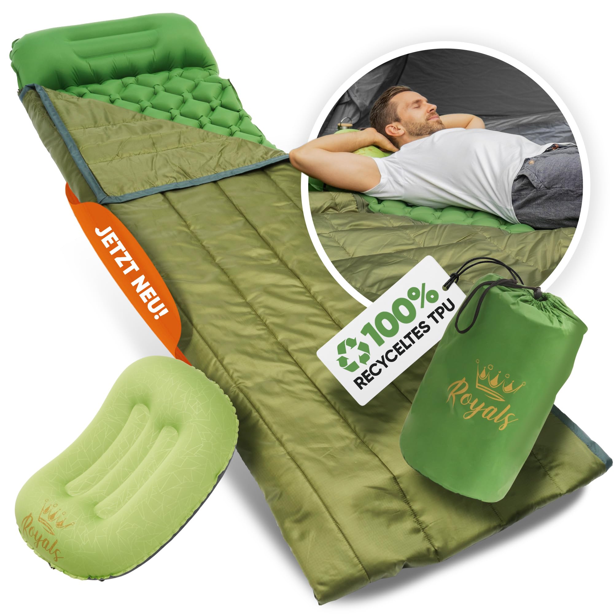 Royals aufblasbare Isomatte Einzelmatratze Luftmatratze mit Fupumpe Extra  Kissen Indoor Outdoor Camping Luftmatratze 65x190x6 cm in grn mit  integriertem Sommer Schlafsack : Amazon.de: Sonstiges