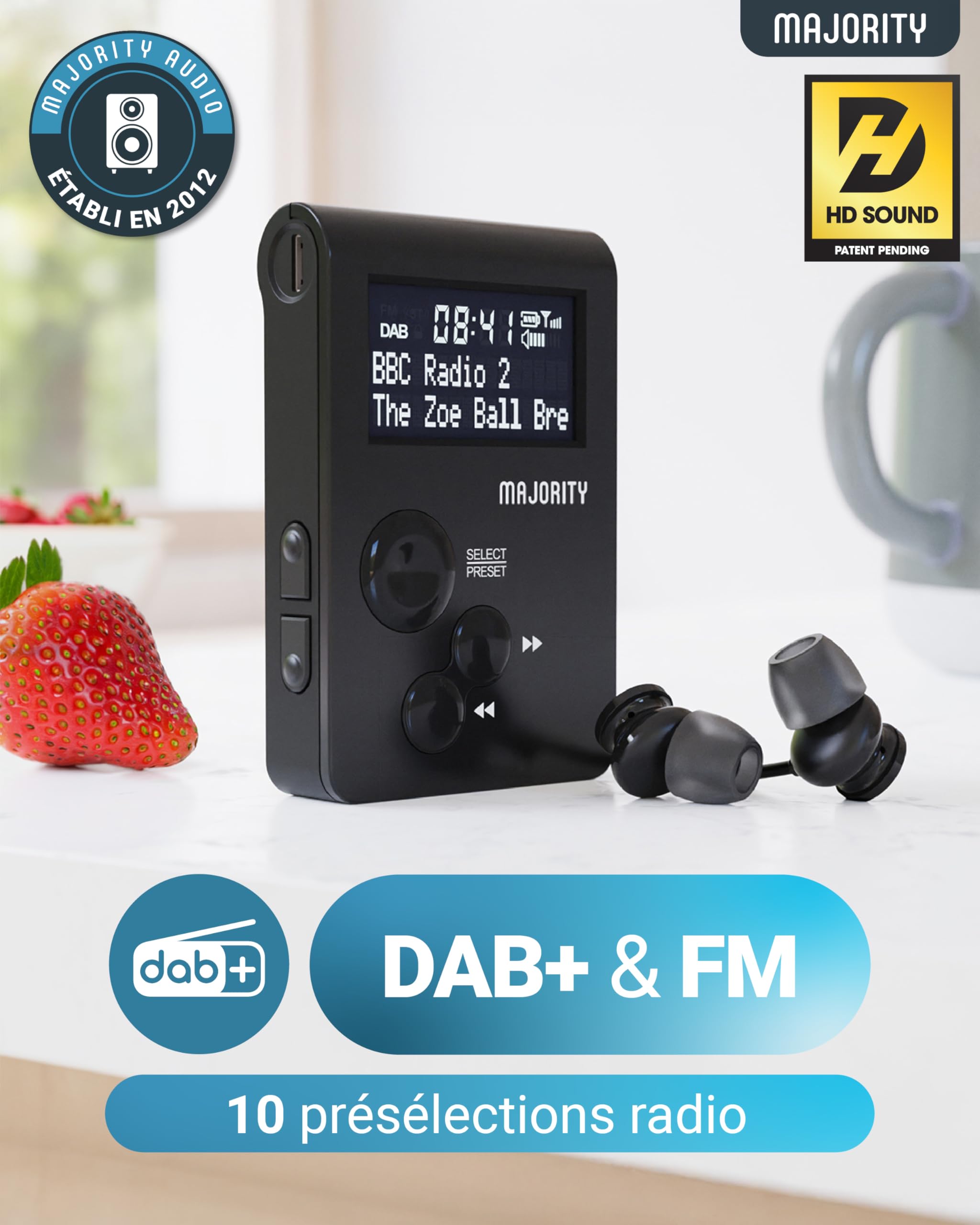 Mini Radio FM avec Clip Sport et Boutons Verrouillables | Radio Portable De Poche Dab/Dab+ Digitale | Chargement USB et Écouteurs Inclus | MAJORITY Petersfield Go