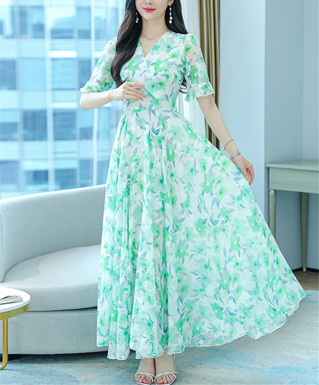 Abito lungo da donna, in chiffon, estivo, alla moda, floreale, casual, elegante, da sera